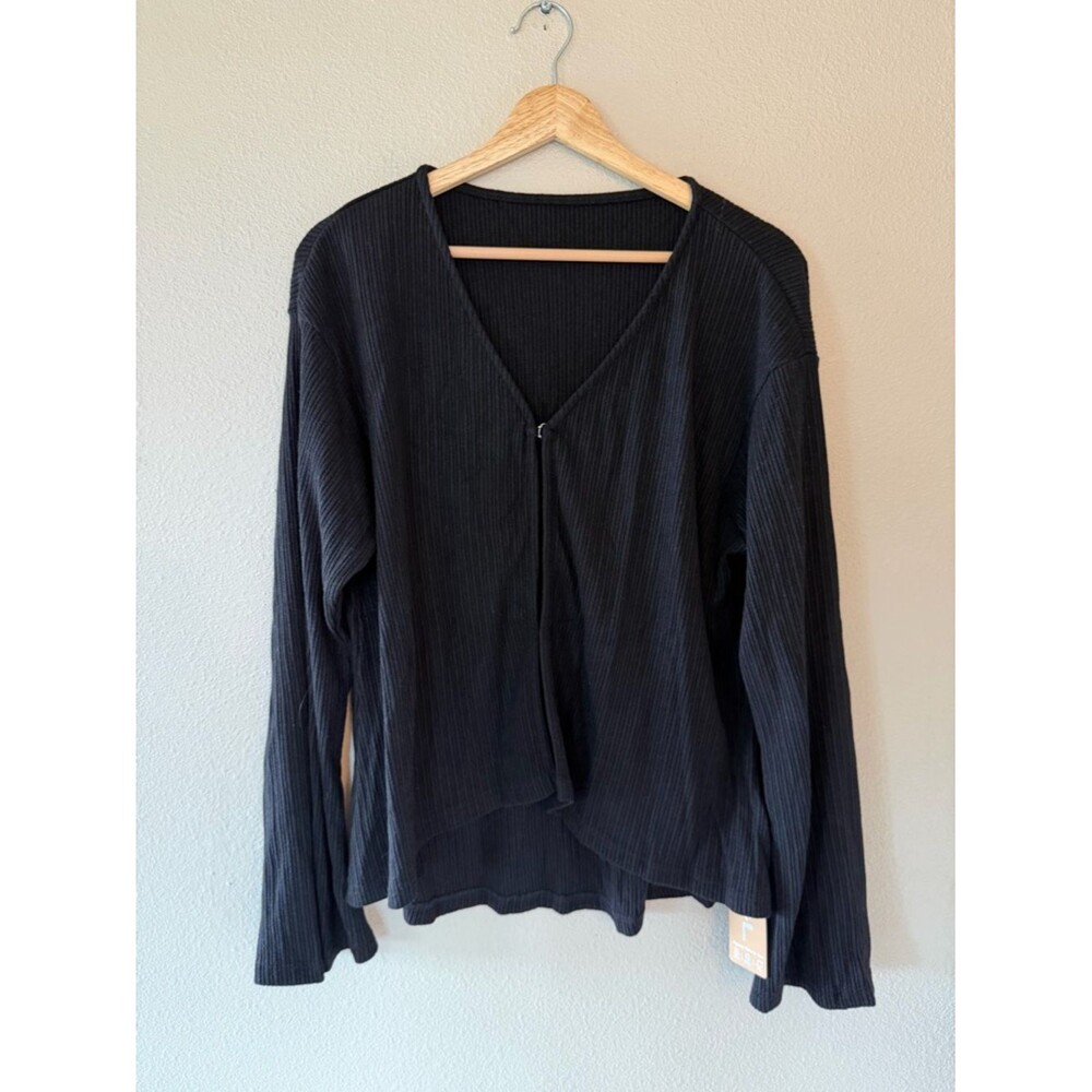 NWT OGL Jacquard Thermal Ribbed Flare Sleeve Front Hook Cardigan Size XL Black